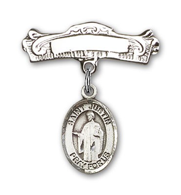 Pin Badge with St. Justin Charm and Arched Polished Engravable Badge Pin - Silver tone