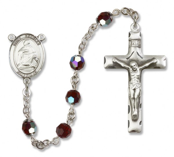 St. Charles Borromeo Sterling Silver Heirloom Rosary Squared Crucifix - Garnet