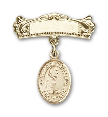 Pin Badge with St. Pio of Pietrelcina Charm and Arched Polished Engravable Badge Pin - Gold Tone