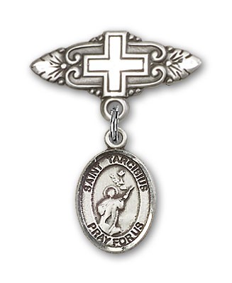 Pin Badge with St. Tarcisius Charm and Badge Pin with Cross - Silver tone