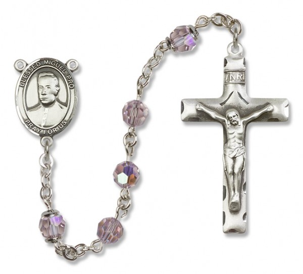 Blessed Miguel Pro Sterling Silver Heirloom Rosary Squared Crucifix - Light Amethyst