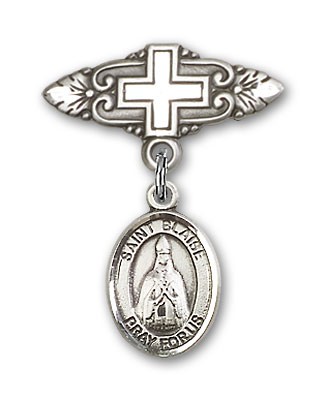 Pin Badge with St. Blaise Charm and Badge Pin with Cross - Silver tone