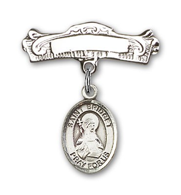 Pin Badge with St. Bridget of Sweden Charm and Arched Polished Engravable Badge Pin - Silver tone