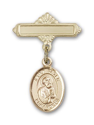 Pin Badge with St. Peter the Apostle Charm and Polished Engravable Badge Pin - Gold Tone