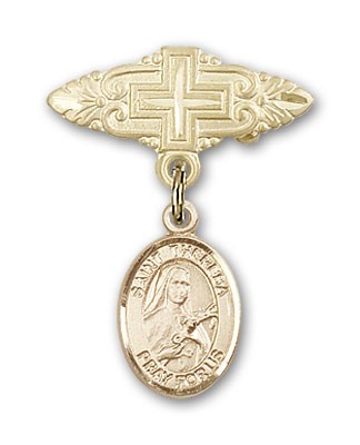 Pin Badge with St. Theresa Charm and Badge Pin with Cross - 14K Solid Gold