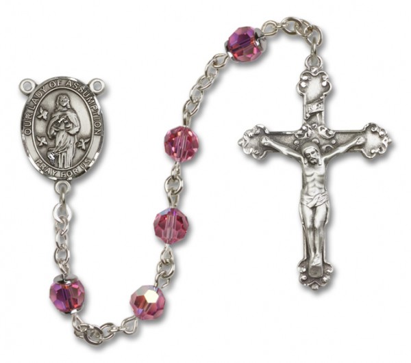 Our Lady of Assumption Sterling Silver Heirloom Rosary Fancy Crucifix - Rose
