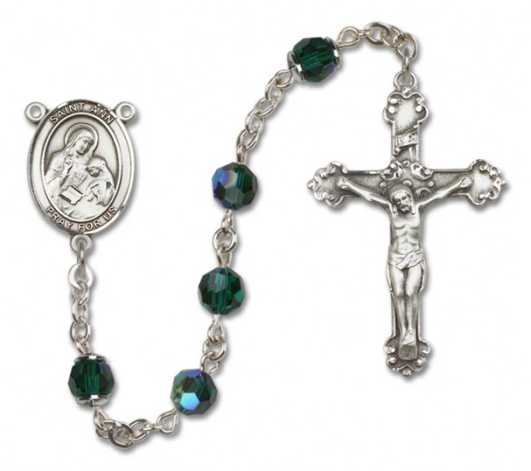 St. Ann Sterling Silver Heirloom Rosary Fancy Crucifix - Emerald Green
