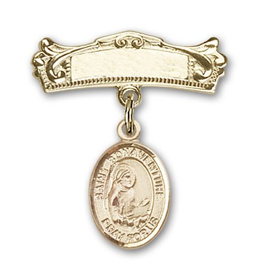 Pin Badge with St. Bonaventure Charm and Arched Polished Engravable Badge Pin - Gold Tone