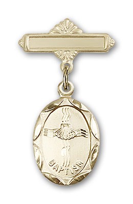 Baby Pin with Baptism Charm and Polished Engravable Badge Pin - 14K Solid Gold