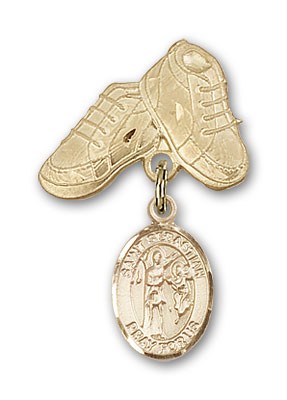 Pin Badge with St. Sebastian Charm and Baby Boots Pin - Gold Tone