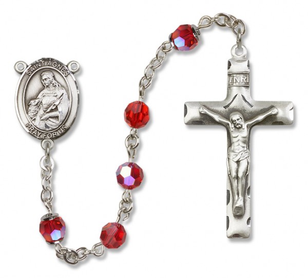 St. Agnes of Rome Sterling Silver Heirloom Rosary Squared Crucifix - Ruby Red