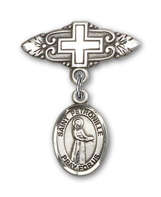 Pin Badge with St. Petronille Charm and Badge Pin with Cross - Silver tone