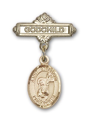 Pin Badge with St. Stephanie Charm and Godchild Badge Pin - Gold Tone