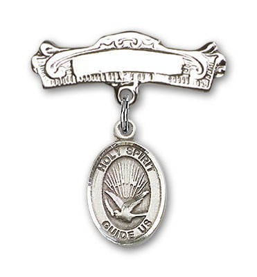 Pin Badge with Holy Spirit Charm and Arched Polished Engravable Badge Pin - Silver tone
