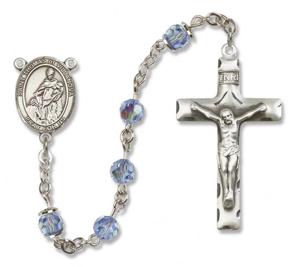 St. Thomas of Villanova Sterling Silver Heirloom Rosary Squared Crucifix - Light Sapphire