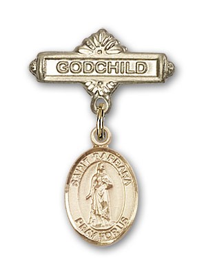 Pin Badge with St. Barbara Charm and Godchild Badge Pin - Gold Tone