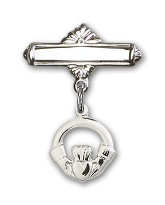 Pin Badge with Claddagh Charm and Polished Engravable Badge Pin - Silver tone