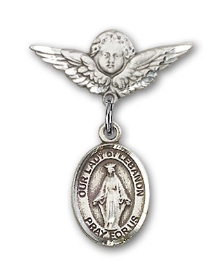 Pin Badge with Our Lady of Lebanon Charm and Angel with Smaller Wings Badge Pin - Silver tone