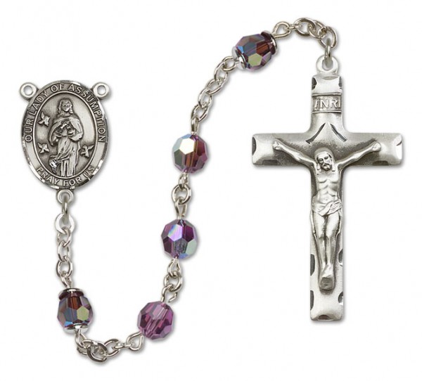 Our Lady of Assumption Sterling Silver Heirloom Rosary Squared Crucifix - Amethyst