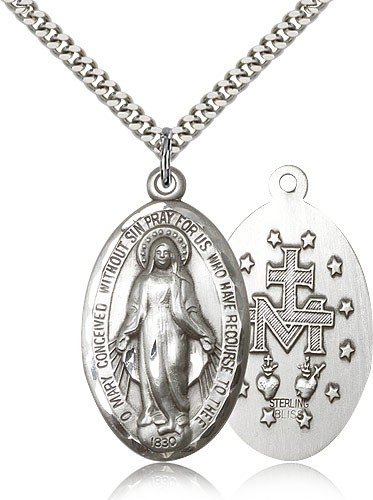 Men's High Relief Miraculous Medal Necklace - Sterling Silver