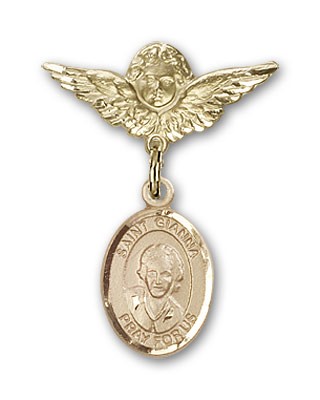 Pin Badge with St. Gianna Beretta Molla Charm and Angel with Smaller Wings Badge Pin - Gold Tone