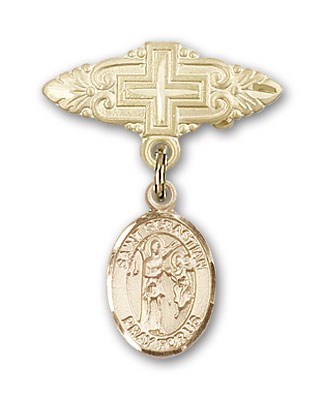 Pin Badge with St. Sebastian Charm and Badge Pin with Cross - 14K Solid Gold