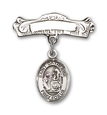 Pin Badge with St. Catherine of Siena Charm and Arched Polished Engravable Badge Pin - Silver tone
