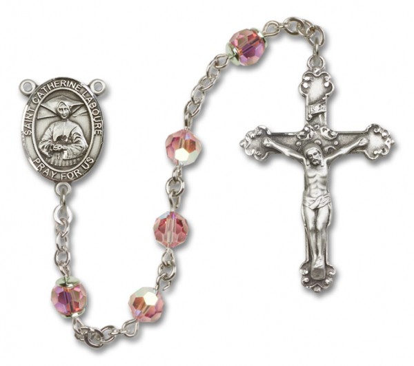 St. Catherine Laboure Sterling Silver Heirloom Rosary Fancy Crucifix - Light Rose