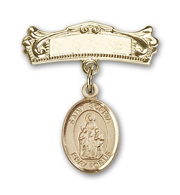 Pin Badge with St. Sophia Charm and Arched Polished Engravable Badge Pin - 14K Solid Gold