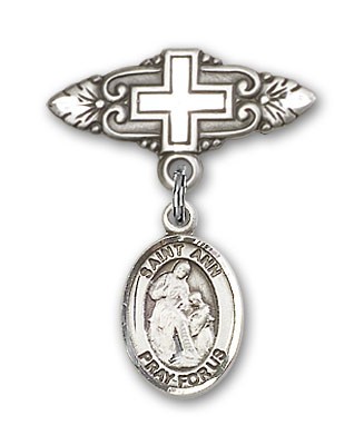 Pin Badge with St. Ann Charm and Badge Pin with Cross - Silver tone