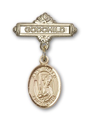 Pin Badge with St. Helen Charm and Godchild Badge Pin - 14K Solid Gold