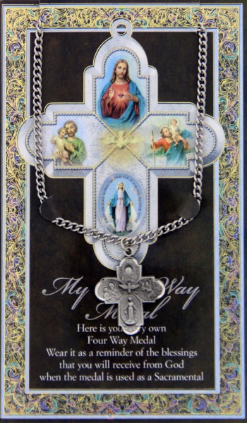Four Way Medal in Pewter with Bi-Fold Prayer Card - Silver tone