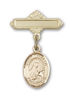Pin Badge with St. Theresa Charm and Polished Engravable Badge Pin - 14K Solid Gold
