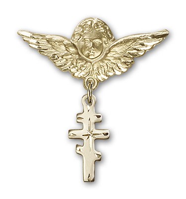 Pin Badge with Greek Orthadox Cross Charm and Angel with Larger Wings Badge Pin - 14K Solid Gold
