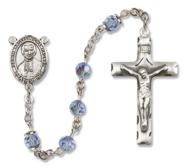 St. Marcellin Champagnat Sterling Silver Heirloom Rosary Squared Crucifix - Light Sapphire