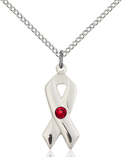 Awareness Ribbon Pendant with Birthstone Options - Ruby Red