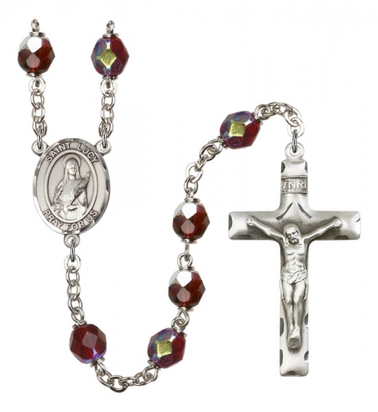 Men's St. Lucy Silver Plated Rosary - Garnet