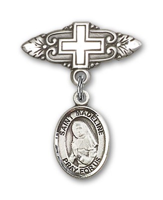Pin Badge with St. Madeline Sophie Barat Charm and Badge Pin with Cross - Silver tone