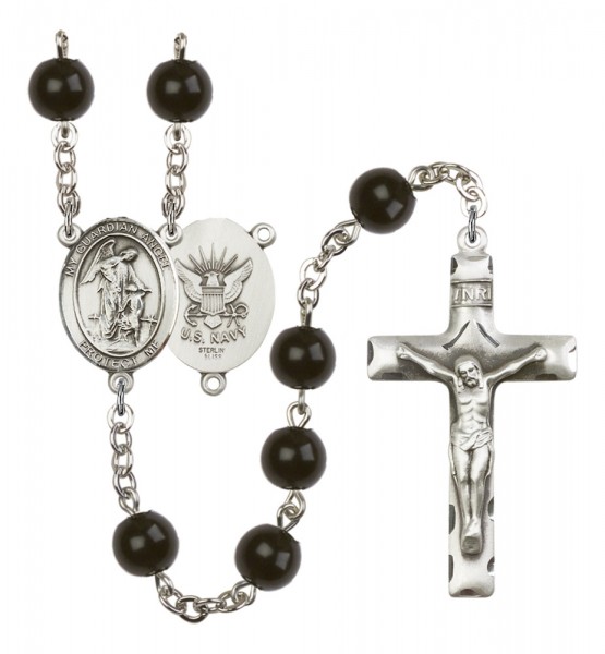 Men's Guardian Angel Navy Silver Plated Rosary - Black