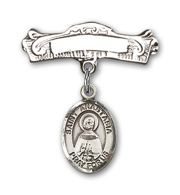 Pin Badge with St. Anastasia Charm and Arched Polished Engravable Badge Pin - Silver tone