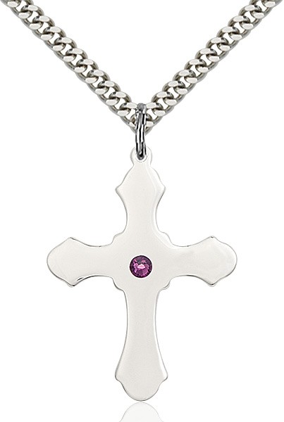Large High Polished Soft Edge Cross Pendant with Birthstone Options - Amethyst