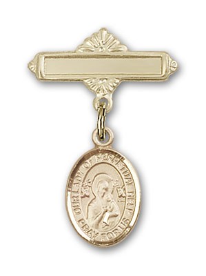 Pin Badge with Our Lady of Perpetual Help Charm and Polished Engravable Badge Pin - Gold Tone