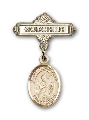 Pin Badge with St. Alphonsus Charm and Godchild Badge Pin - 14K Solid Gold