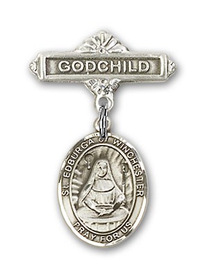 Pin Badge with St. Edburga of Winchester Charm and Godchild Badge Pin - Silver tone