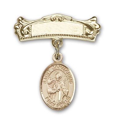 Pin Badge with St. Januarius Charm and Arched Polished Engravable Badge Pin - Gold Tone