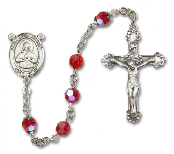 St. John Vianney Sterling Silver Heirloom Rosary Fancy Crucifix - Ruby Red