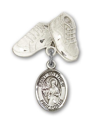 Pin Badge with St. Matthew the Apostle Charm and Baby Boots Pin - Silver tone