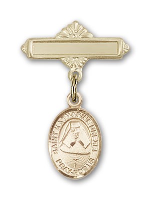 Pin Badge with St. Katherine Drexel Charm and Polished Engravable Badge Pin - 14K Solid Gold