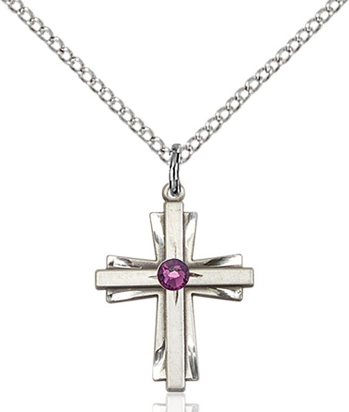 Youth Etched Cross Pendant with Birthstone Options - Amethyst