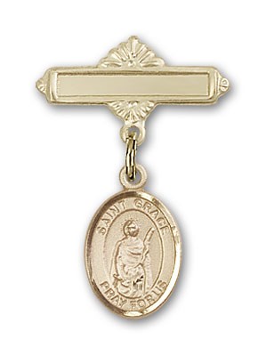 Pin Badge with St. Grace Charm and Polished Engravable Badge Pin - Gold Tone